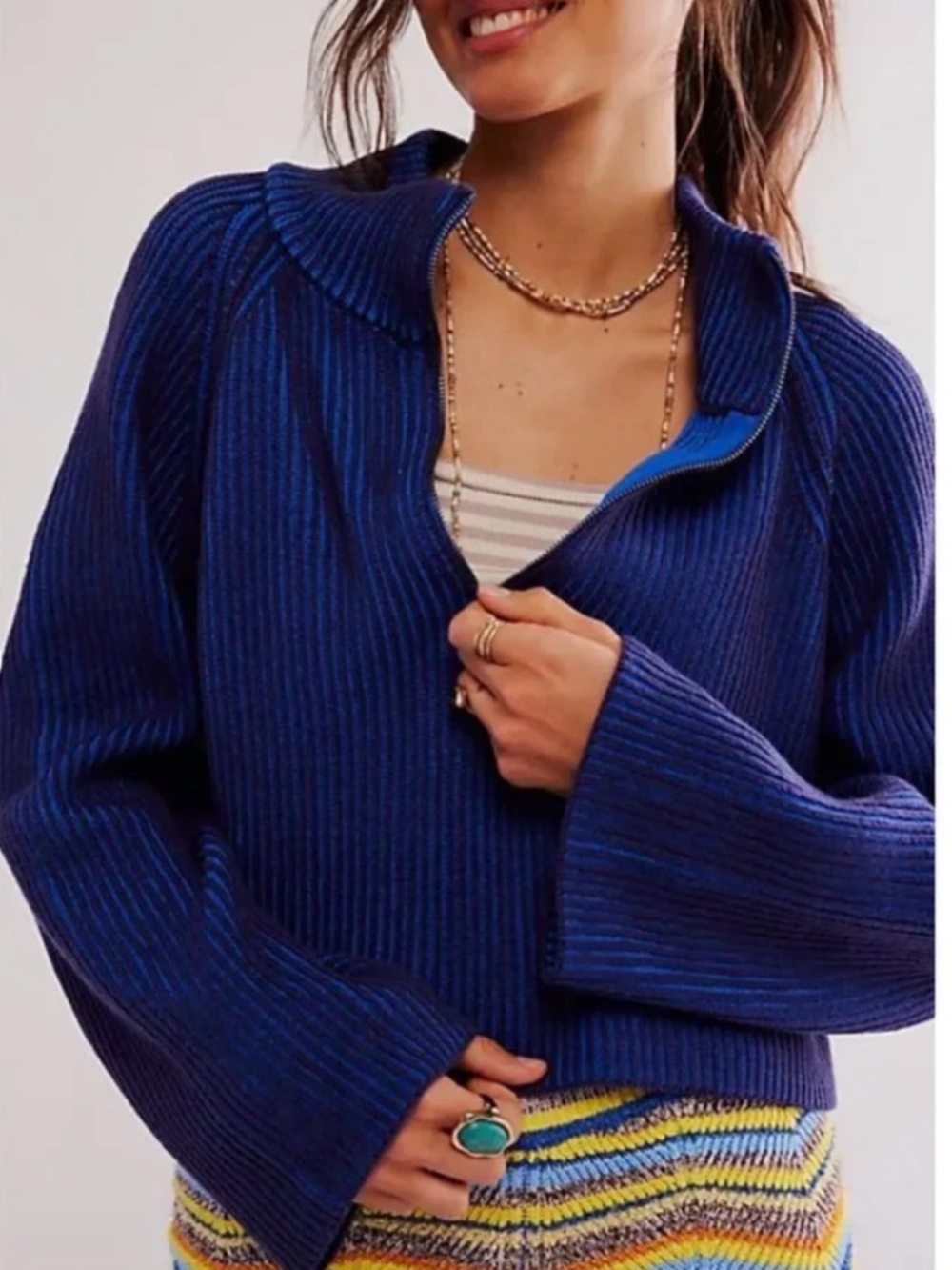 Free People Navy Blue Cropped Zip Mock Neck Sweater